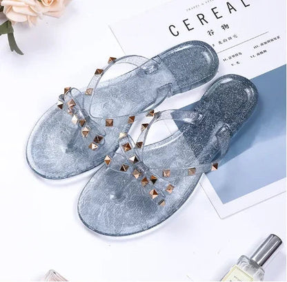 Women Jelly Slippers Rivets Studs Bow-Knot Leisure Daily Flip-Flops For Raining Days Anti-Slip Flat Slippers Natalia Home Fashion    Natalia Home Fashion