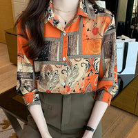Slim Floral Long-sleeved Shirt Loose Printed Top for Women