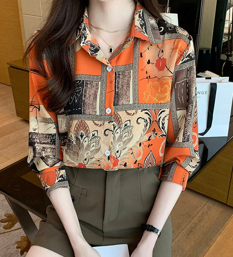 Slim Floral Long-sleeved Shirt Loose Printed Top for Women