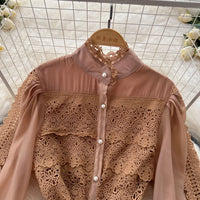 Elegant Hollow Out Organza Long Maxi Dresses Shirt Women  Layer Ruffle Full Sleeve Pearl Evening Party Dress