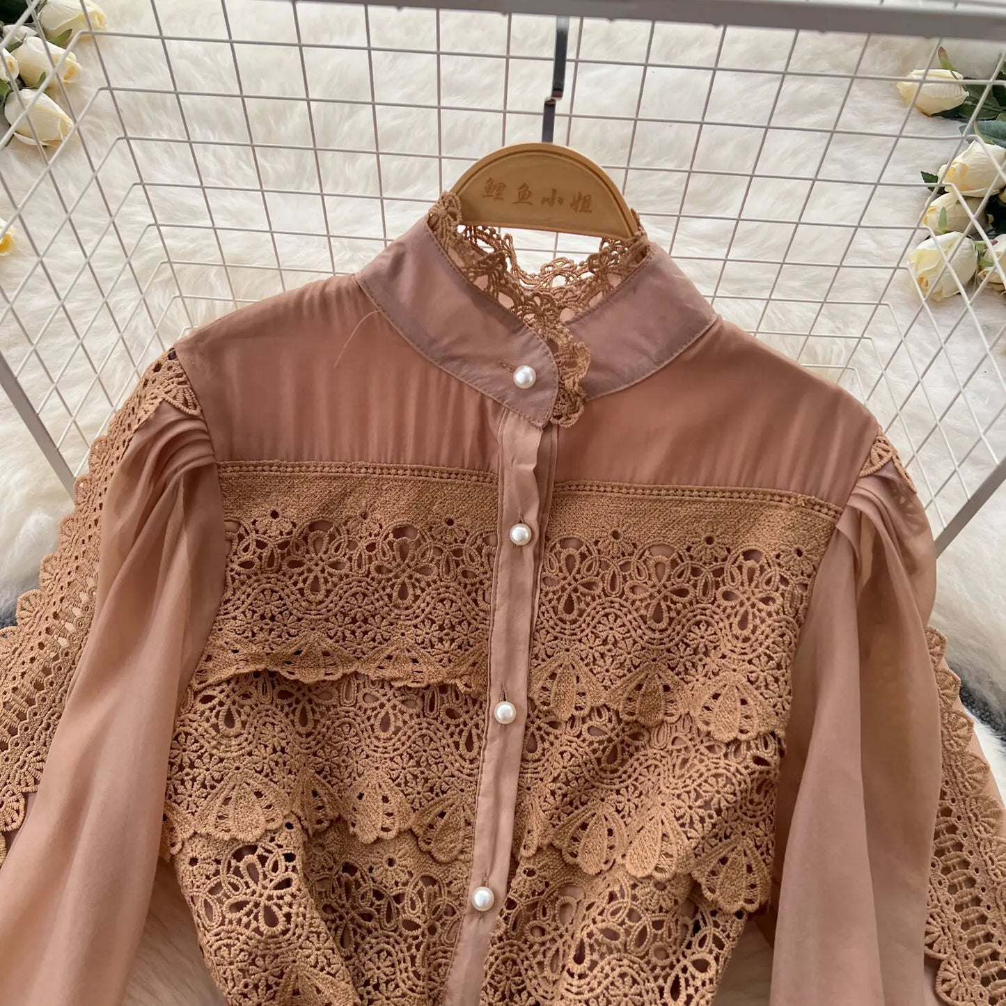Elegant Hollow Out Organza Long Maxi Dresses Shirt Women  Layer Ruffle Full Sleeve Pearl Evening Party Dress
