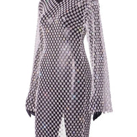 Sexy see through Rhinestone summer dress woman Fishnet club birthday mini dress long sleeve short dresses