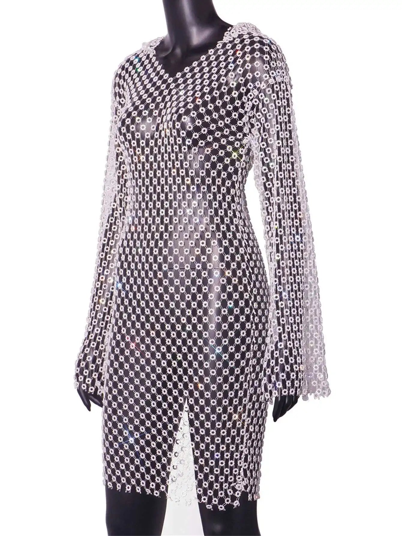 Sexy see through Rhinestone summer dress woman Fishnet club birthday mini dress long sleeve short dresses