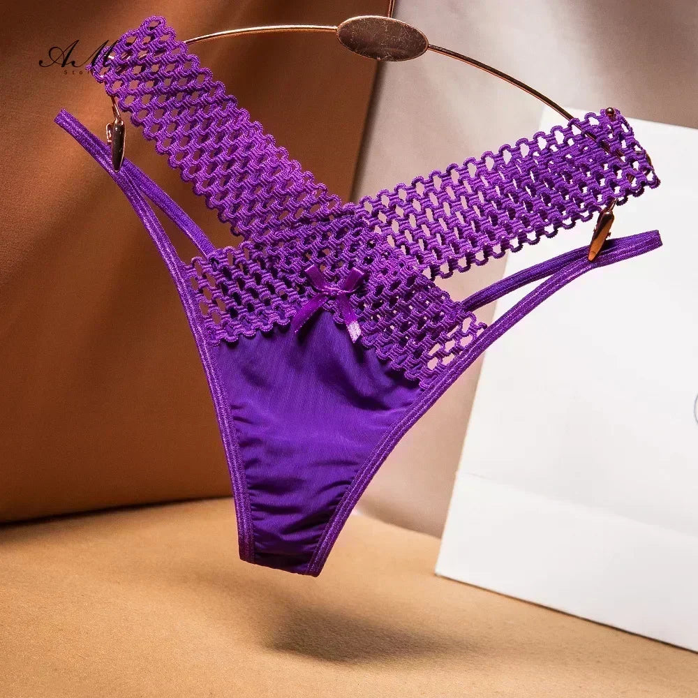 Women's Panties Cross Cut Ice Silk Thong Sports Fashion Perspective Low Waist Ribbons sexy lingerie thongs