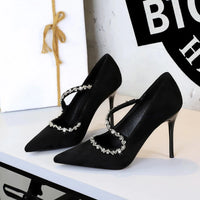 Banquet Pointed Toe High Heels Diamond Chain One-Strip Thin Heel Super High Heels Light Mouth Elegant Lace-Up