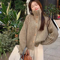 Vintage Soft And Supple Design Sensibility Horn Button polo/turtle Neck Women's Winter Idle Style Loose-Fit Thickened Knitted Ca