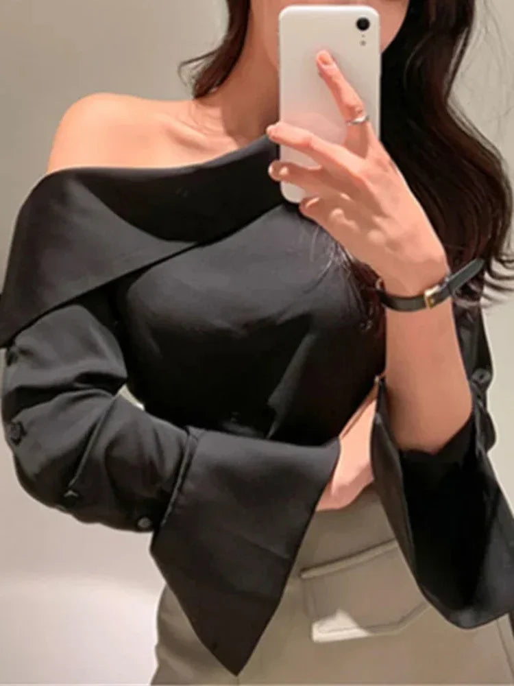 Off Shoulder Elegant Office Women's Shirt Top Fashionable Sexy Women Long Sleeved Chiffon Top