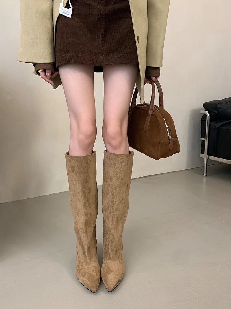 Street Style Pointed Toe Knee-High Boots Women Low Heels Shoes Female Long Booties Women Shoes