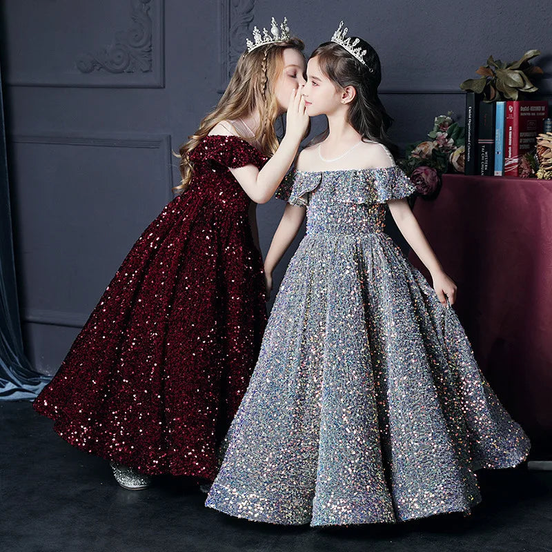 Girl's Western Style Evening Dress Flower Girl Sequined Catwalk Host Piano Performance Princess Dress