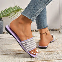 Women Luxury Pearl Slippers Square Toe Beach Flat Sandals Comfortable Non Slip Slippers  Slides Women