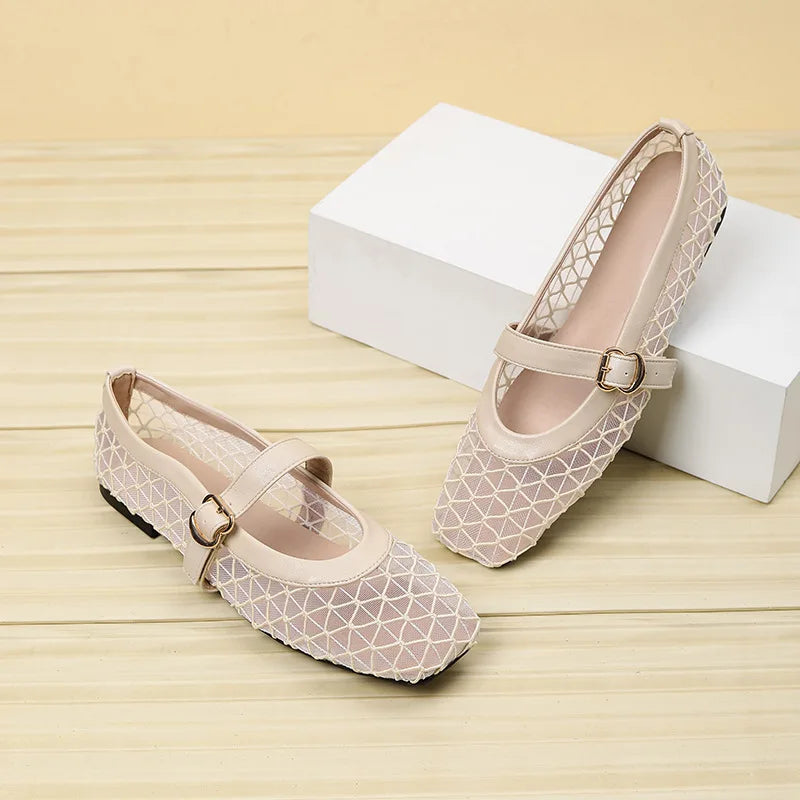 Fishnet Ballet Flats Square Toe Breathable Hollow Mesh Sandals Casual and Comfortable Mary Jane Shoes