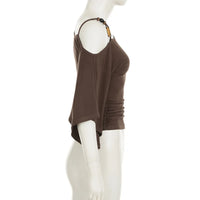 Brown Retro Spice Girl T-shirt Collar Pleated Off Shoulder Beaded Slanted Short Sleeved Summer Casual Slimming Fit Top for Women