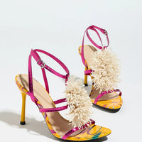 Ladies High Heel Sandals with 3D Fluffy Flower Decorations round Toe Thin Heel Spring Summer Night Club Fashionable Party Shoes