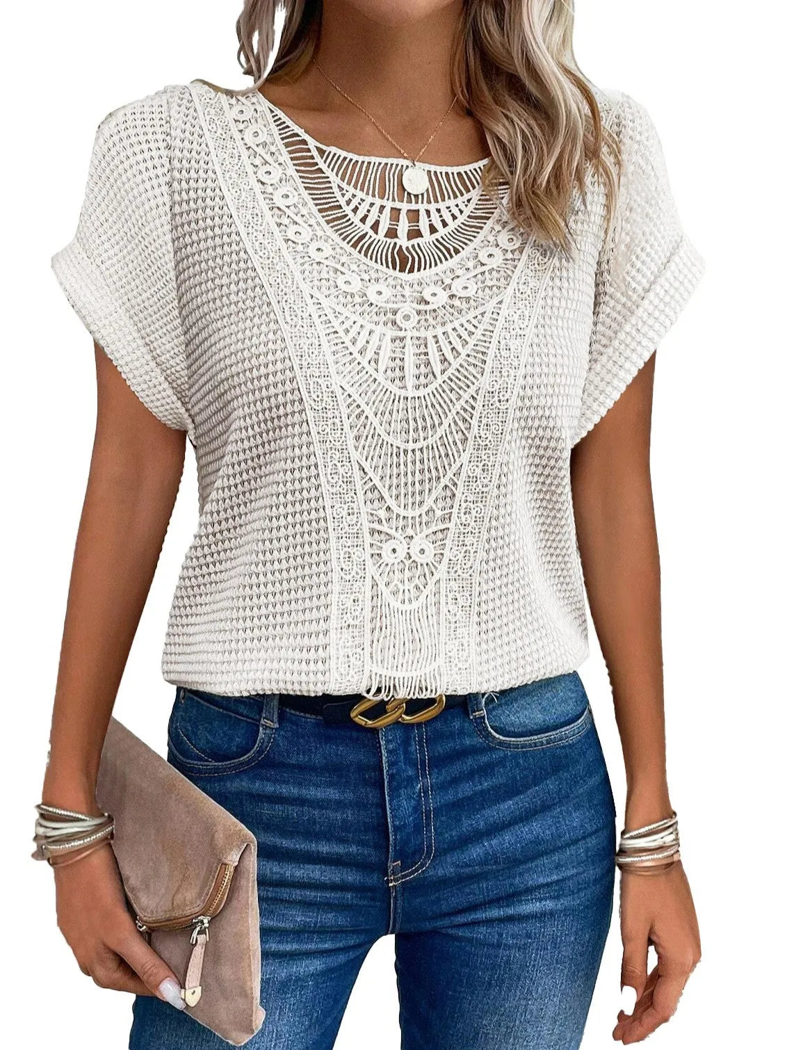 T shirt women 2026 fashion Spring Summer New lace patchwork short-sleeved T-shirt solid color tshirt women's clothing Natalia Home Fashion    Natalia Home Fashion