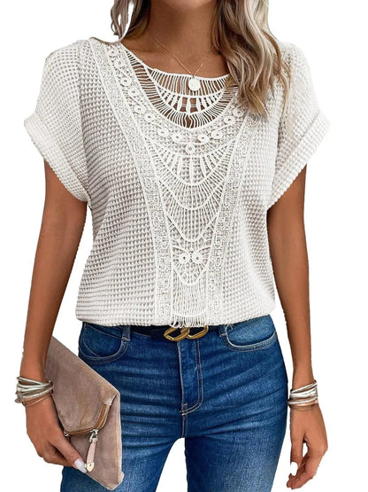T shirt women 2026 fashion Spring Summer New lace patchwork short-sleeved T-shirt solid color tshirt women's clothing Natalia Home Fashion    Natalia Home Fashion