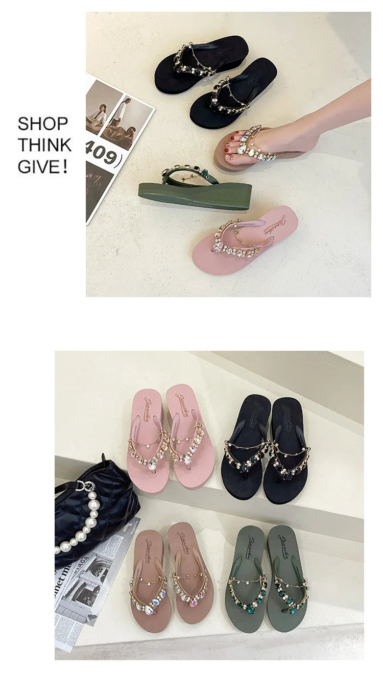 Women Slippers Fashion Summer New Water Diamond Flip Flops Women Outwear Thick Sole Slope Heels Beach Vacation Slippers