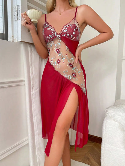 Flower Printed Women Open Back Split Nightdress Home wear Lace Sexy V-Neck Perspective Summer Thin Breathable Slip Sleepwear