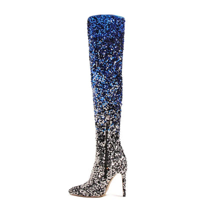 Sexy Over The Knee Long Boots Gradient Bling High Heels 11CM Thin Heels Side Zipper Women Boots New Sharp Tip Boots Natalia Home Fashion    Natalia Home Fashion
