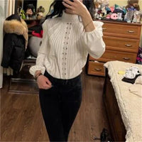 Spring Ladies Patchwork Lace Hollow Out Long Sleeve Shirt Tops 2024 New Korean Fashion Women's Solid Color Stand Collar Blouses Natalia Home Fashion    Natalia Home Fashion