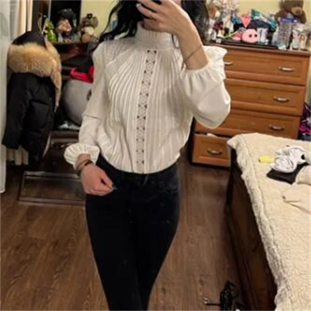 Spring Ladies Patchwork Lace Hollow Out Long Sleeve Shirt Tops 2024 New Korean Fashion Women's Solid Color Stand Collar Blouses Natalia Home Fashion    Natalia Home Fashion