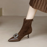 Fashionable Slim Fit Diamond Decorated Pointed Toe High Heel Bootie Mid-Calf Zipper Closure Leather Boot for Women