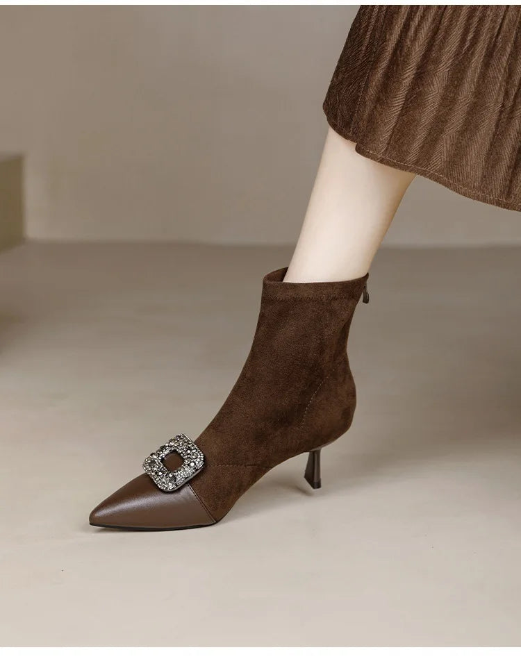 Fashionable Slim Fit Diamond Decorated Pointed Toe High Heel Bootie Mid-Calf Zipper Closure Leather Boot for Women