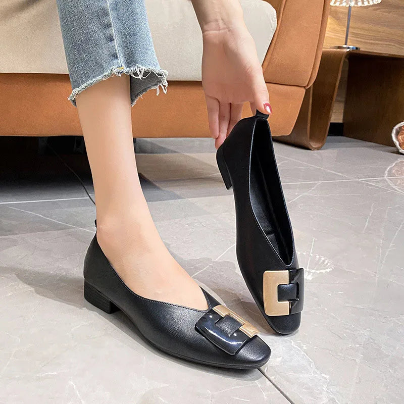 Woman Square Toe Low Heeled Metal Decoration Red Mary Janes Cute Casual Ballerina Female Flats Elegant Soft Soled Flat Shoes