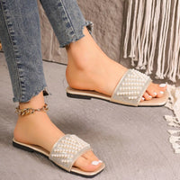 Small Fragrant style flat bottomed plus size slippers for women square headed rhinestone pearl fashionable casual slippers