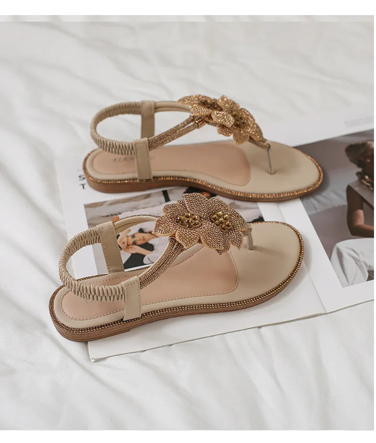 Womens Bohemian Floral Rhinestone Sandals Elegant Crystal Flower Décor Elastic Ankle Strap Soft Cushioned Insole Non Slip Sole