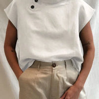 Women Cotton Linen Stand Collar Blouses Cap Sleeves Solid Color Loose Fit Casual Fashion Female Shirts Tops