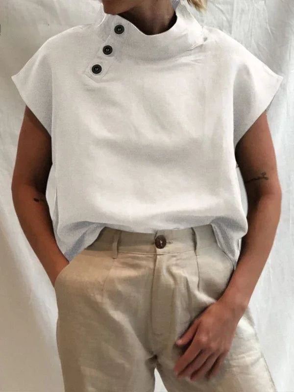 Women Cotton Linen Stand Collar Blouses Cap Sleeves Solid Color Loose Fit Casual Fashion Female Shirts Tops