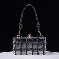 Diamond Clear Acrylic Box Evening Clutch Bags for Women, Boutique Woven Knotted Rope, Rhinestone Purse, Wedding Party Handbag