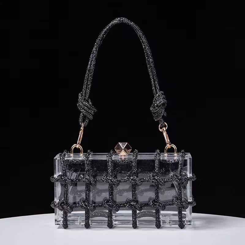 Diamond Clear Acrylic Box Evening Clutch Bags for Women, Boutique Woven Knotted Rope, Rhinestone Purse, Wedding Party Handbag