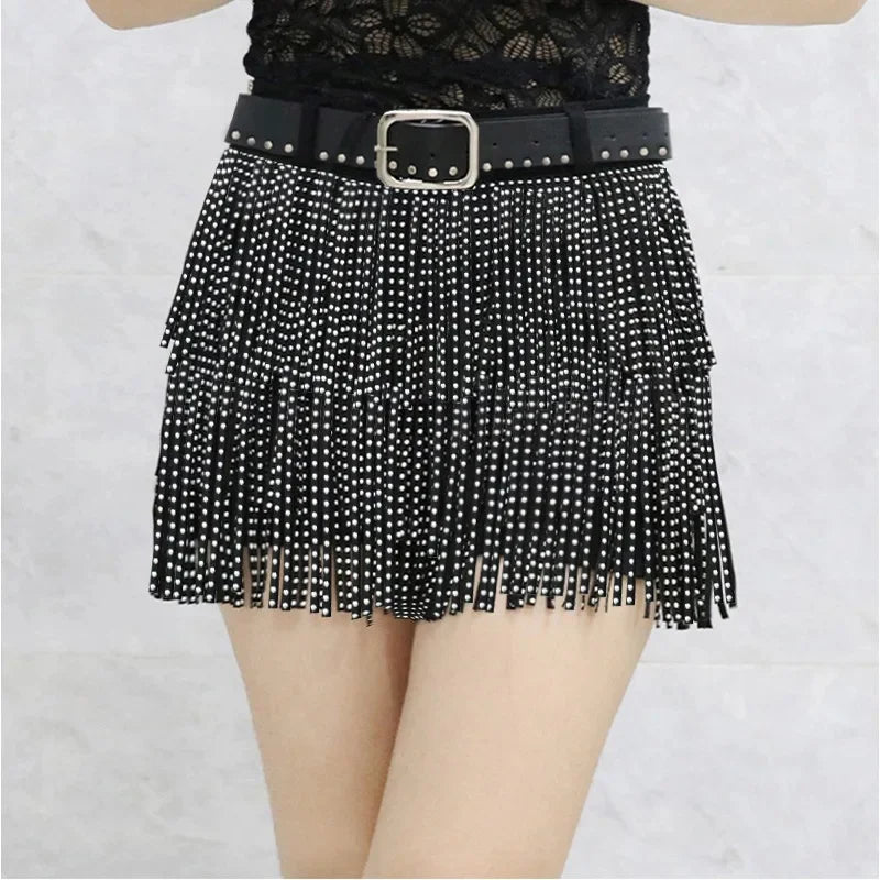 Tassel Short Shorts Women's Diamond Embellished Mid-Waist Dance Denim Hot Pants Outerwear Fashionable Korean Style Sexy