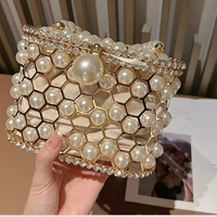 Luxury Pearl Beaded Metal Cage Hollow Out Women Handbag Rhinestones Diamond Evening Bag Wedding Party Clutch Purse Crossbody Bag