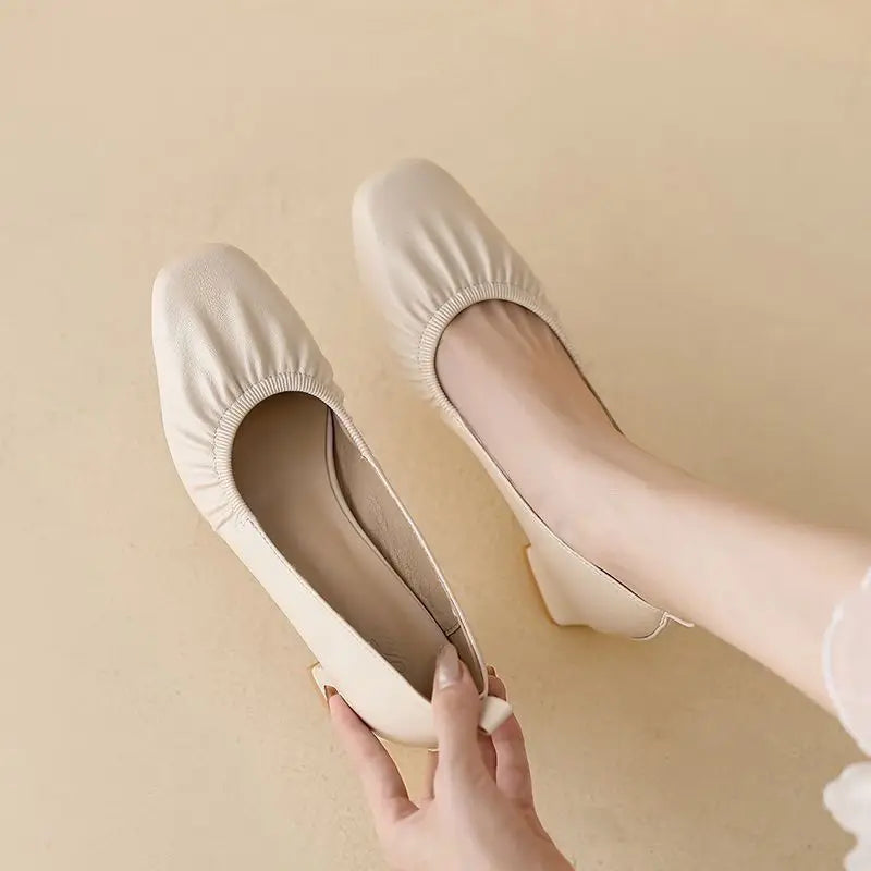 Women's Square Head Grandmother Style Shoes Slip-On High Heel Versatile Shoes in Leather Semi formal  Footwear