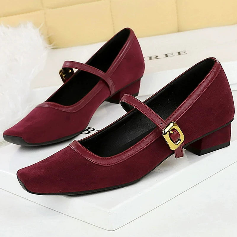 Heels Women Vintage Mary Jane shoes Metal leopard print square head Women Pumps Low heel high heels Suede