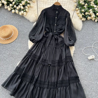 Elegant Hollow Out Organza Long Maxi Dresses Shirt Women  Layer Ruffle Full Sleeve Pearl Evening Party Dress
