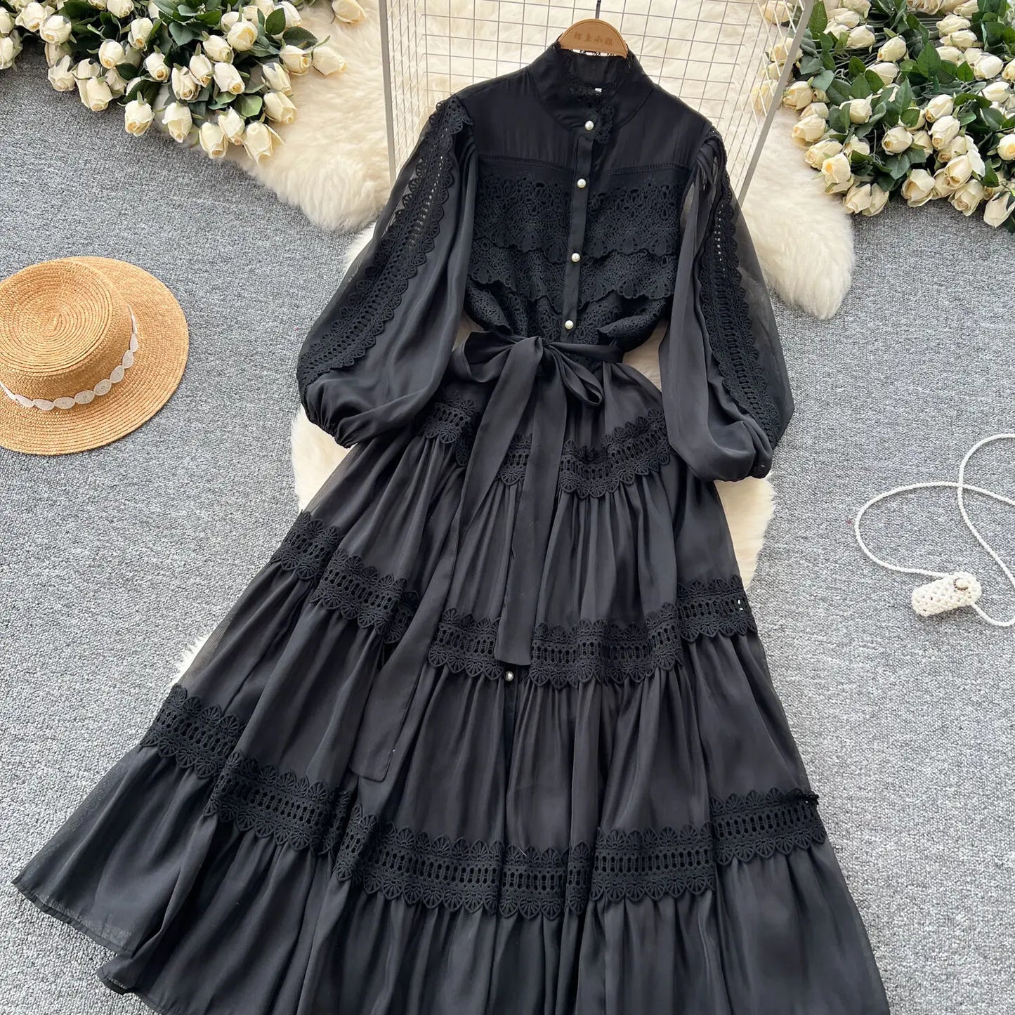 Elegant Hollow Out Organza Long Maxi Dresses Shirt Women  Layer Ruffle Full Sleeve Pearl Evening Party Dress