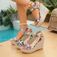 Bohemian Thick Heel Platform Sandals Women's Flip Flops Flower Ribbon Beach Shoes Comfortable round Toe Roman Style