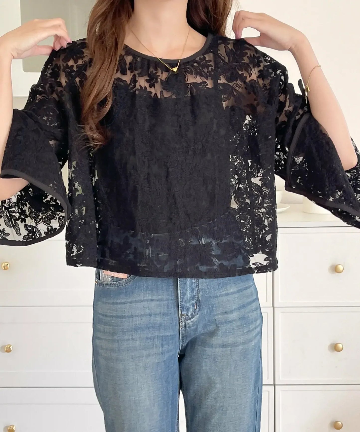 Round Neck Lace Shirt Women's Summer Floral Print Tie Dotted Cotton Blend Full Sleeve Slim Fit Button up Top