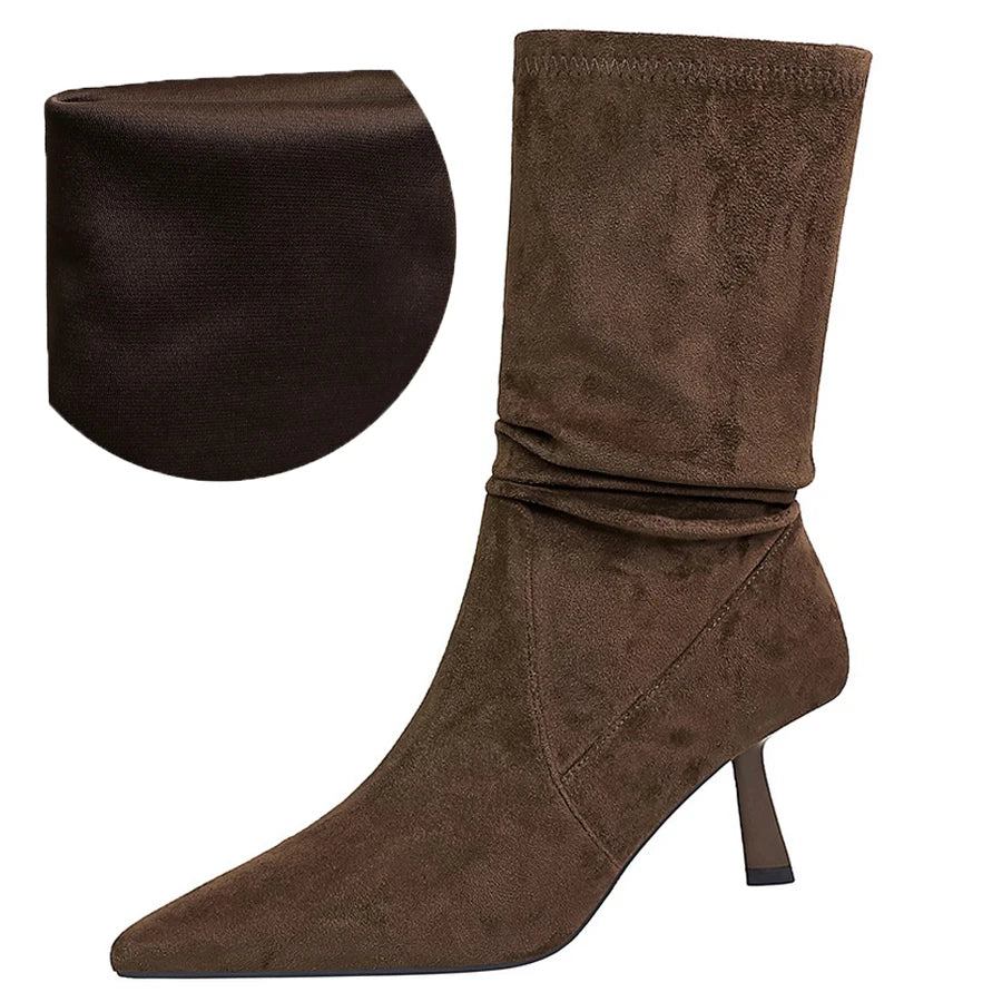 Women Pleated Elastic boots Woman Stiletto 6.5 CM High heel boots Suede Ankle boots Fashion Pointed short boots