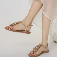 Single-strap rhinestone bow flat sandals, new summer fashion, simple and stylish, suitable for outdoor wear, Roman beach shoes