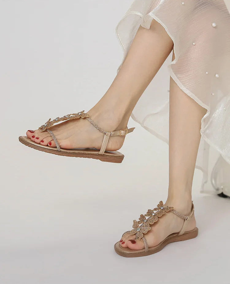 Single-strap rhinestone bow flat sandals, new summer fashion, simple and stylish, suitable for outdoor wear, Roman beach shoes