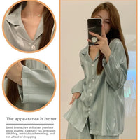 Striped Satin Pajamas Women Jacquard Loungewear Long Sleeve Trousers Two-Piece Set Solid Color Roll-Neck Cardigan Sleepwear