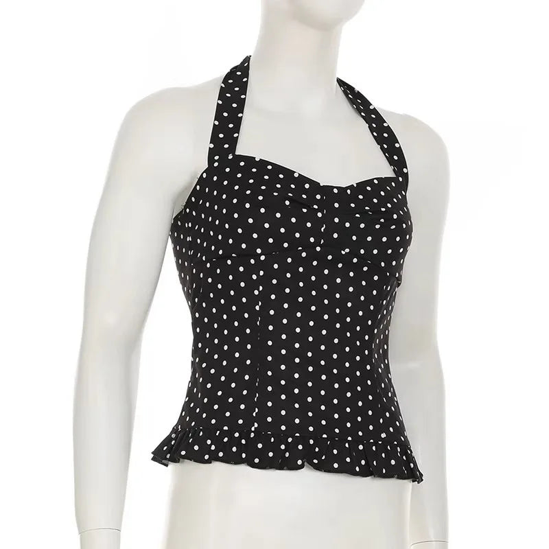 Polka Dot Print Tops Women Halter Low-Neck Bandage Ruffles Backless Sleeveless Skinny Fashion Street Versatile Vest