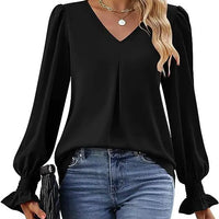 Fashion Simple Solid Color Pullover Shirt Women Loose V-neck Flared Sleeve Shirts Top Female Elegant Commuting Clothing