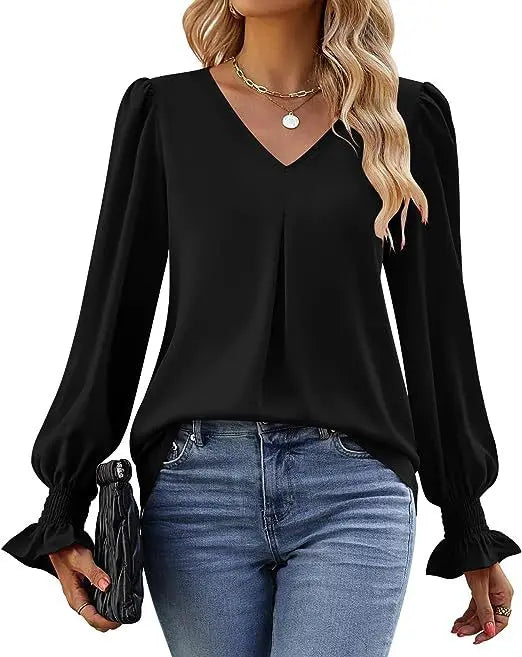Fashion Simple Solid Color Pullover Shirt Women Loose V-neck Flared Sleeve Shirts Top Female Elegant Commuting Clothing