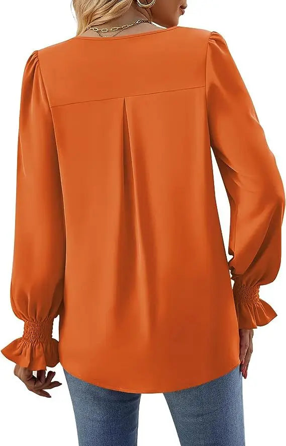 Fashion Simple Solid Color Pullover Shirt Women Loose V-neck Flared Sleeve Shirts Top Female Elegant Commuting Clothing