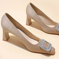Women's Slip-On Chunky Medium Heel Versatile Boat Shoes Square Buckle Rhinestone Single Shoes